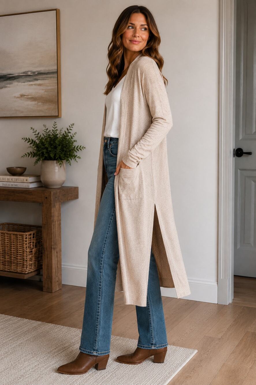 Beige Long Open Front Knit Coastal Minimalist Quiet Luxury L Duster Cardigan
